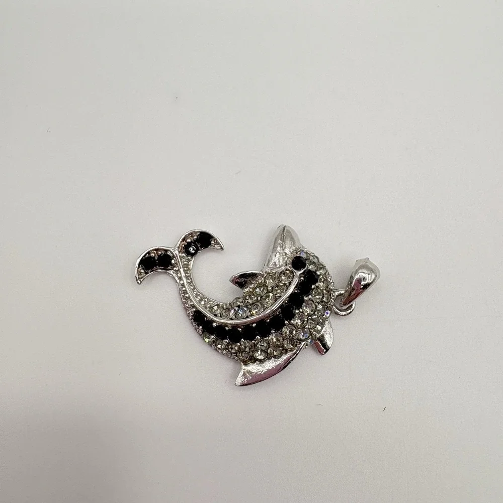 Vintage‎ Dolphin Pendant Silver Tone With Black And Clear Rhinestones